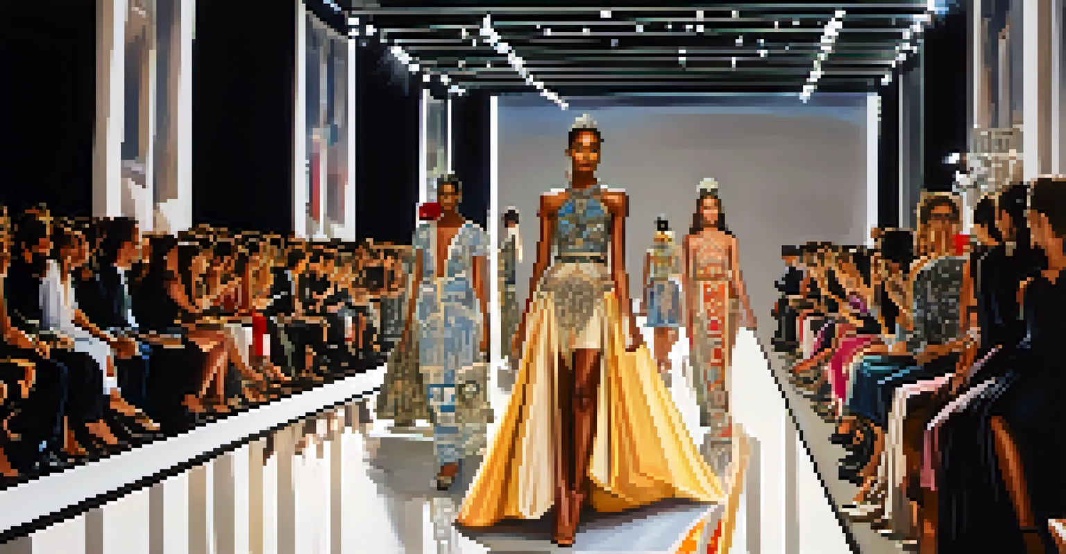 A global fashion runway featuring diverse models showcasing a blend of traditional and modern designs, under dramatic lighting.