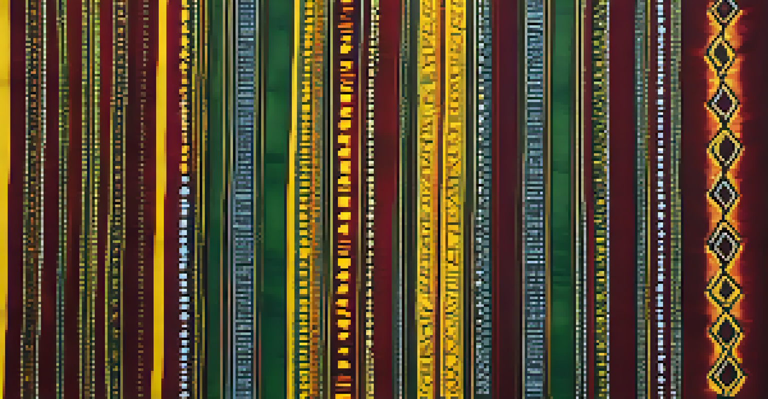 A close-up of a fabric swatch featuring traditional African textile patterns in vibrant colors, displayed on a wooden table.