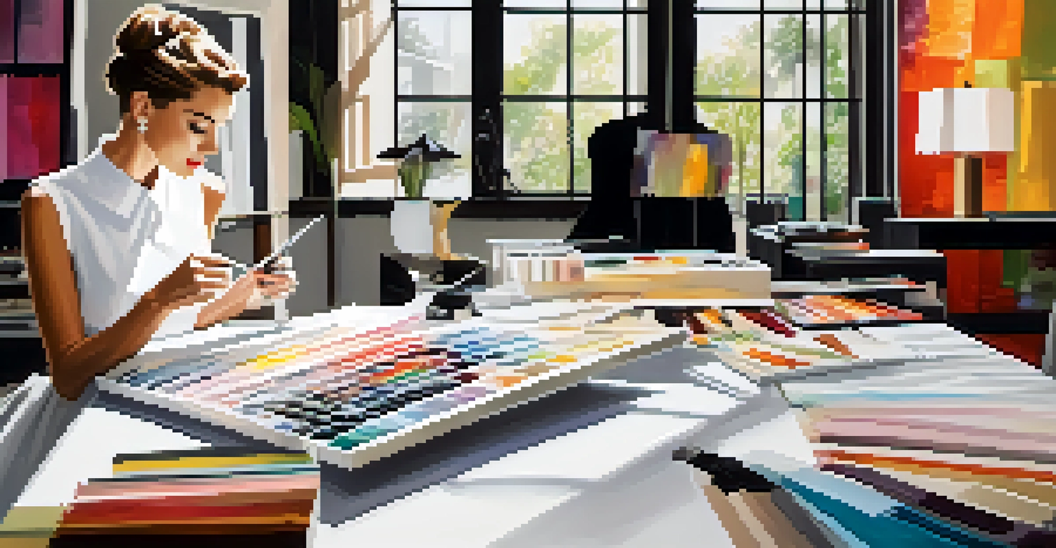 A fashion designer sketches in a bright workspace filled with fabric samples inspired by Audrey Hepburn, with natural light illuminating the area.