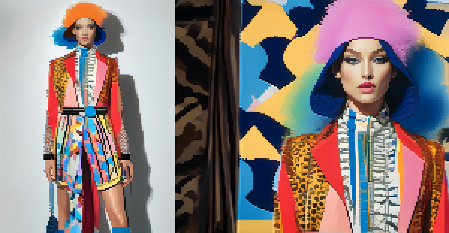 A close-up of a mannequin in a striking gender-fluid outfit with bold patterns, illuminated by soft lighting, alongside a fashion sketch of the design in the background.