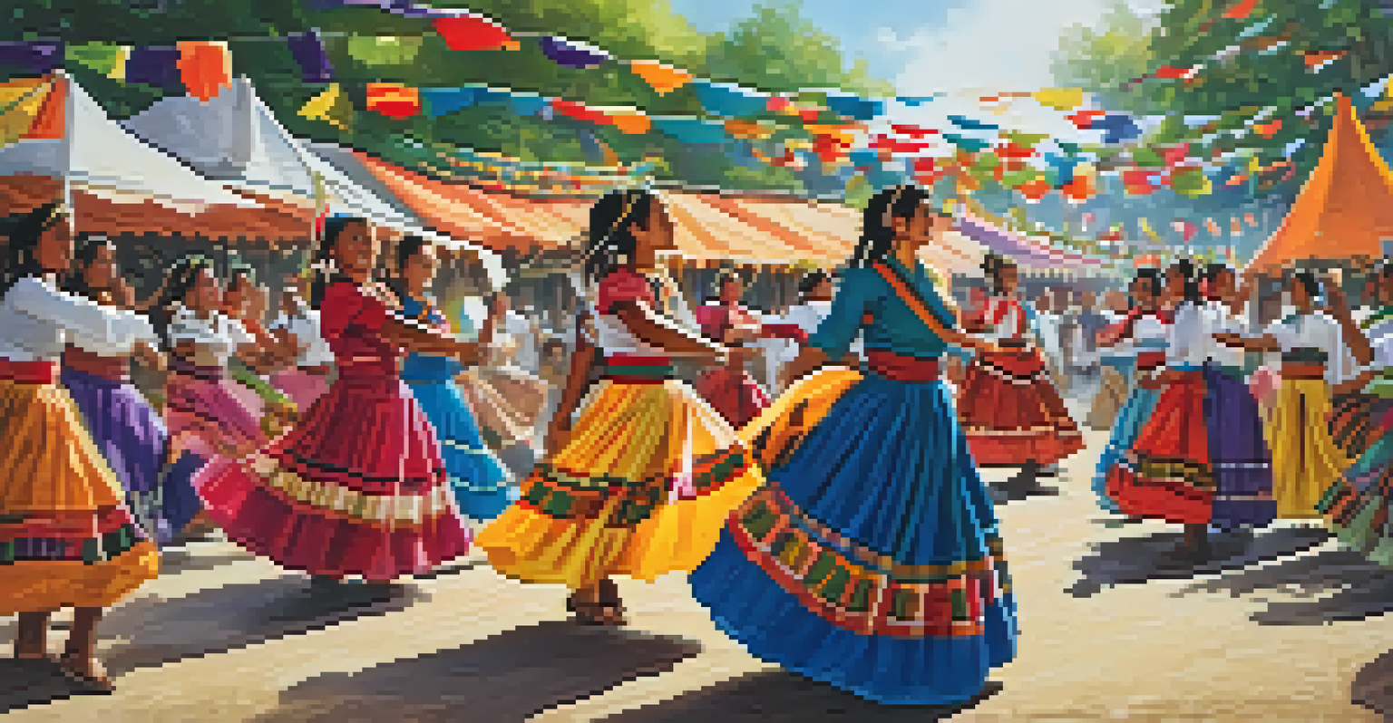 A lively outdoor cultural festival scene with people in colorful costumes dancing, surrounded by banners and decorations.