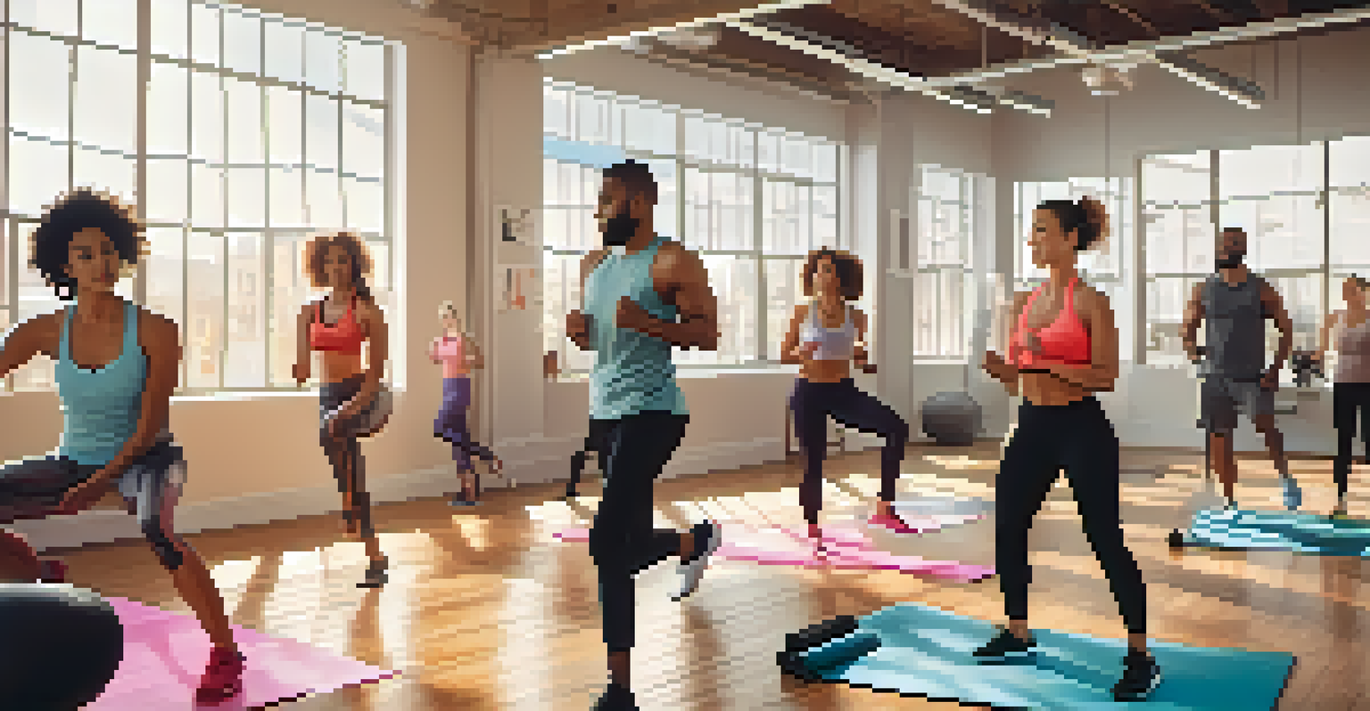 A diverse group of people in a gym class wearing stylish activewear, engaged in an energetic workout.