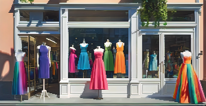 A bright storefront of a fashion rental service with stylish clothing displayed on mannequins, surrounded by greenery and illuminated by afternoon sunlight.