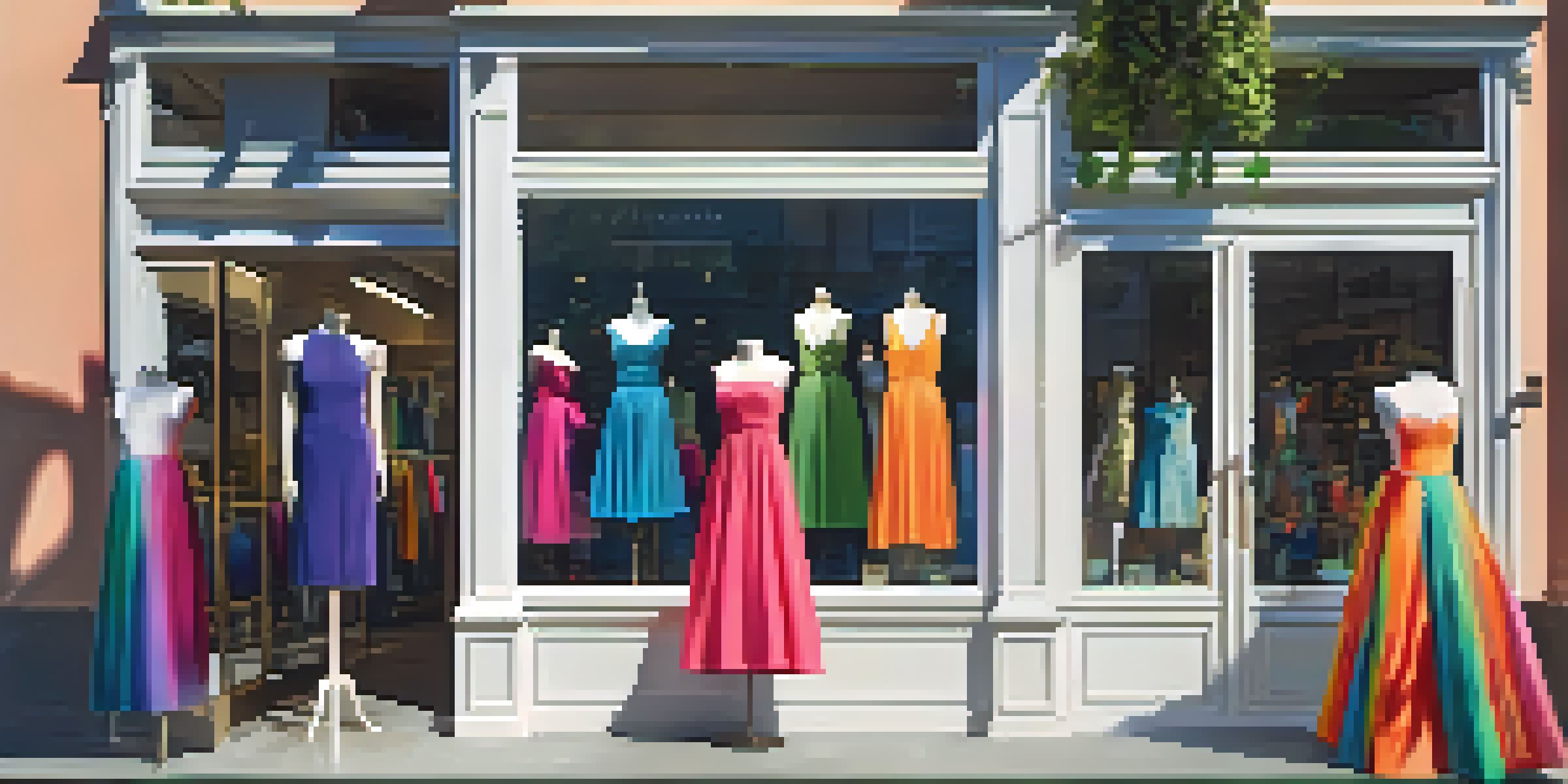 A bright storefront of a fashion rental service with stylish clothing displayed on mannequins, surrounded by greenery and illuminated by afternoon sunlight.