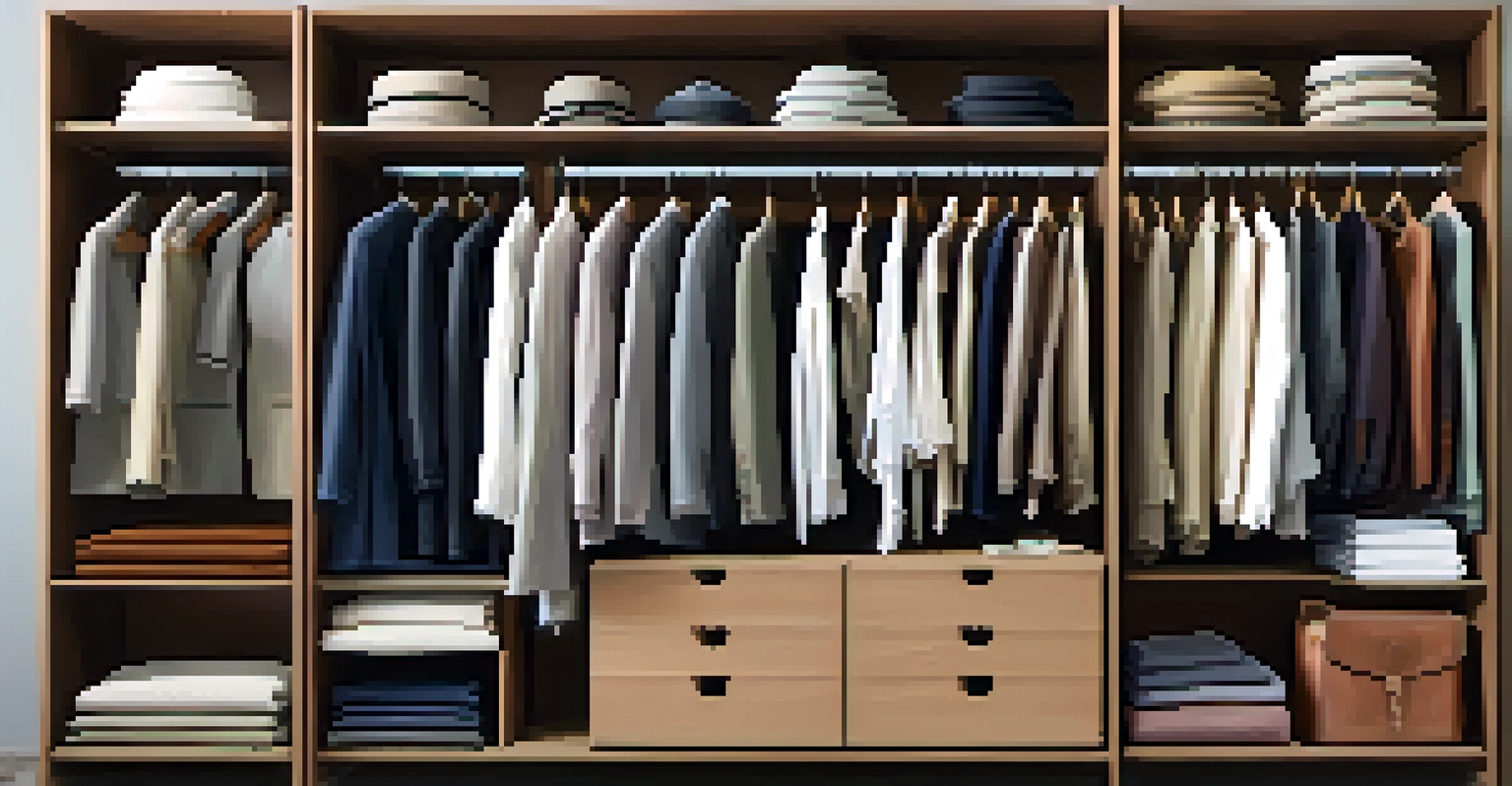 An organized capsule wardrobe with tailored blazers, dress shirts, and trousers on a wooden rack, arranged by color.