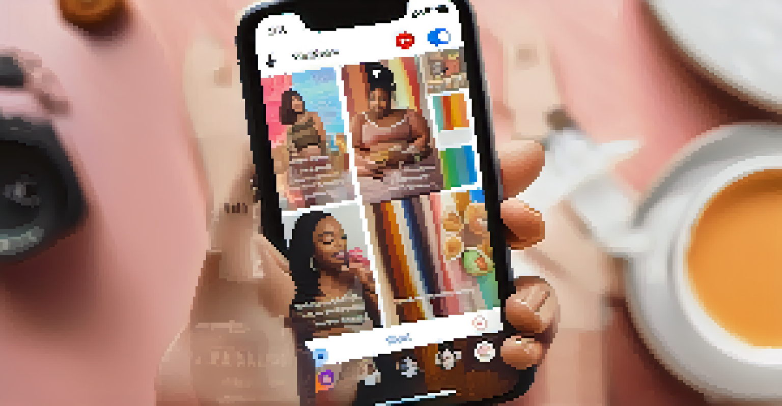 A close-up of a smartphone displaying a social media feed filled with body positivity posts and empowering quotes.