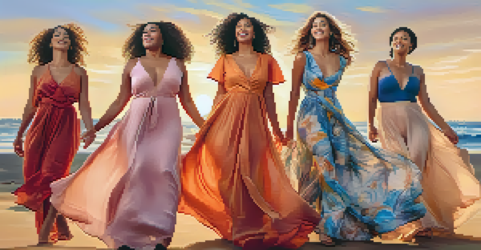 A woman of diverse body type in colorful flowing garments poses joyfully in a serene natural environment during golden hour.
