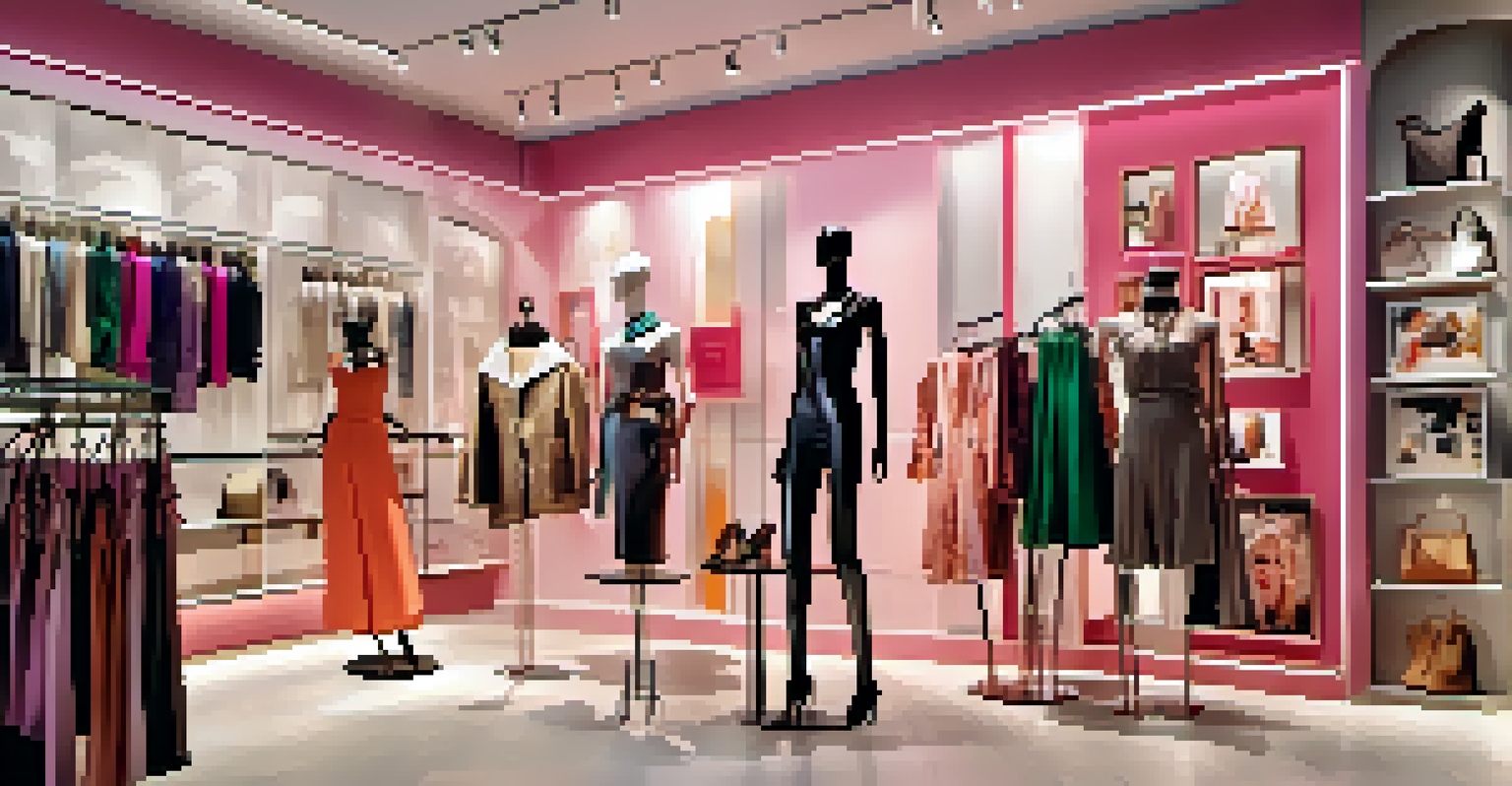 A stylish clothing boutique with a free-flowing layout, showcasing mannequins and unique decor, filled with shoppers browsing fashion.