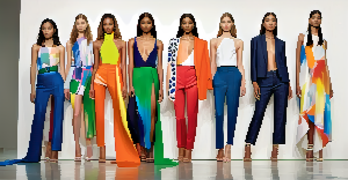 A fashion runway with diverse models wearing vibrant clothing under soft lighting, posing dynamically against a minimalist backdrop.