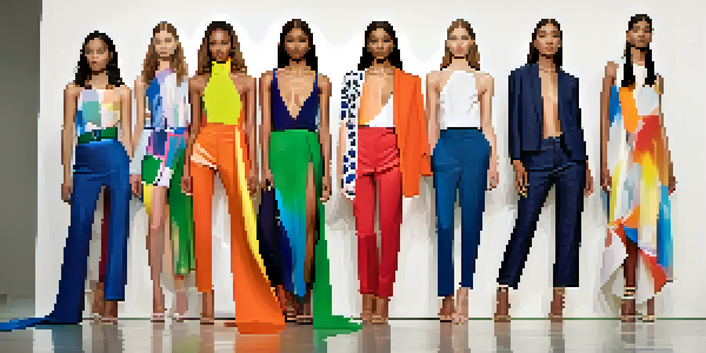 A fashion runway with diverse models wearing vibrant clothing under soft lighting, posing dynamically against a minimalist backdrop.
