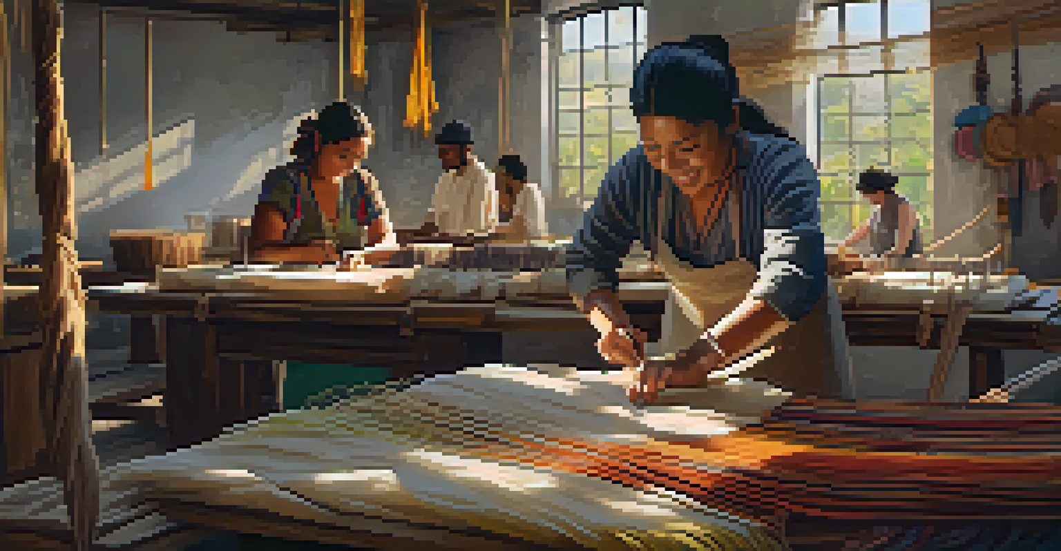 An artisan workshop with skilled workers weaving sustainable fabrics, surrounded by tools and vibrant threads in a warm, natural setting.
