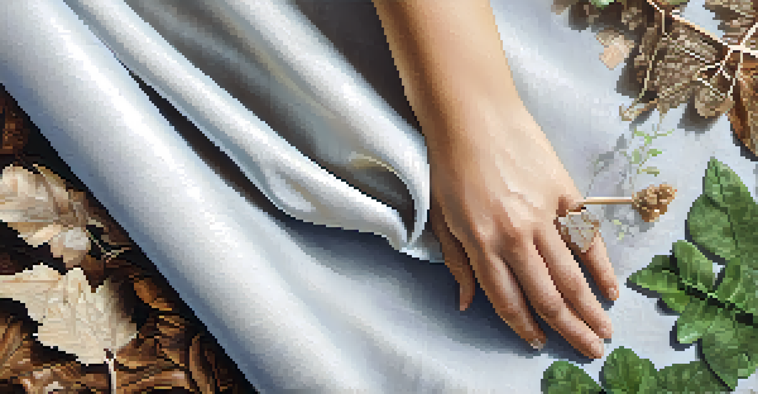 Close-up of hands holding a biodegradable fabric swatch surrounded by leaves and flowers, showcasing the connection to nature.
