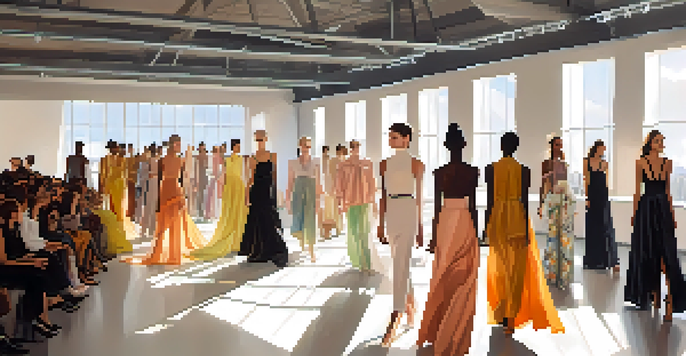 A fashion runway with diverse models in gender-neutral clothing, illuminated by natural light.