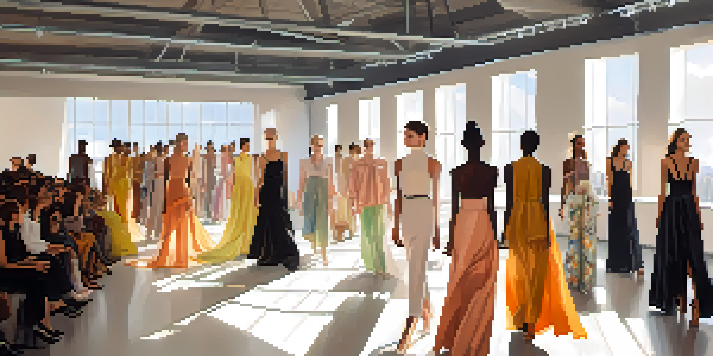 A fashion runway with diverse models in gender-neutral clothing, illuminated by natural light.