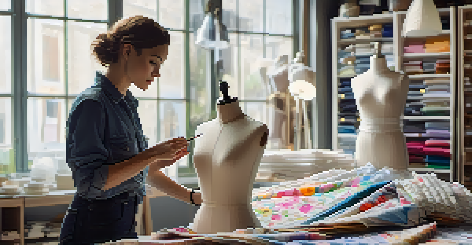 A fashion designer adjusting a garment on a mannequin in a well-lit studio, surrounded by fabric swatches and design books.