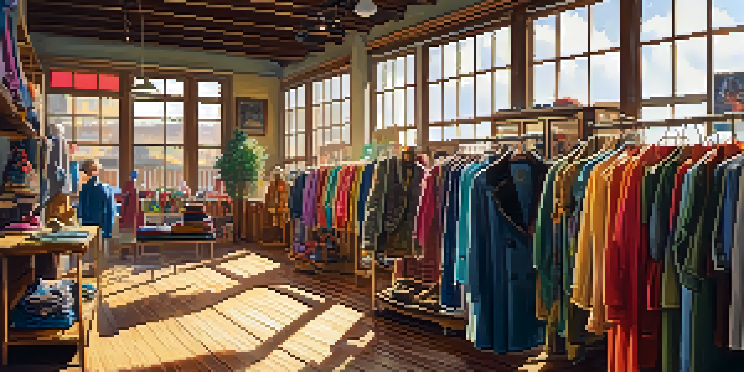 A person browsing through colorful second-hand clothing in a well-lit thrift shop, surrounded by vintage garments and soft sunlight.