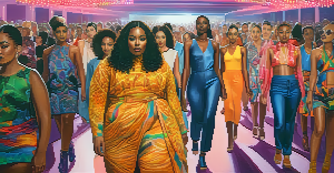 A fashion runway with diverse models displaying inclusive clothing designs under colorful lights.