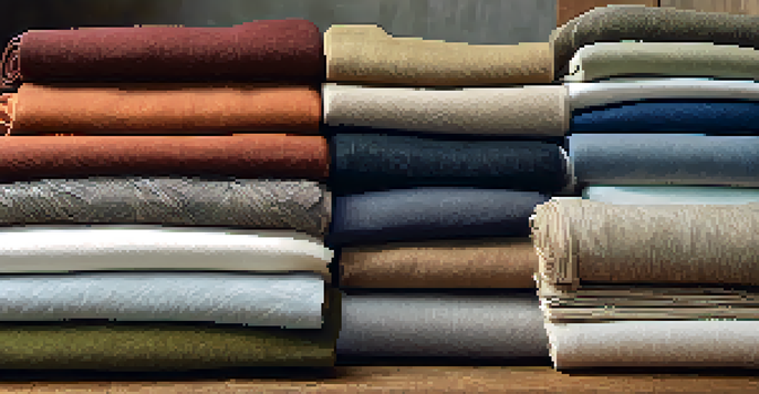A close-up view of sustainable fabrics like organic cotton and recycled polyester on a wooden table, beautifully arranged to showcase their textures and colors.
