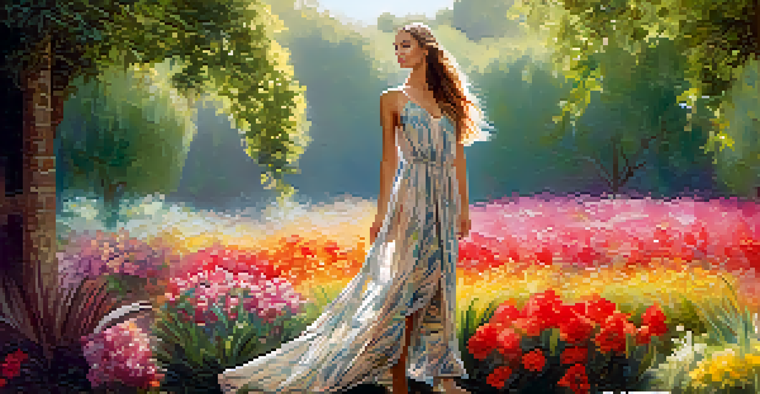 A model in a stylish biodegradable dress made from hemp and Tencel, standing in a vibrant garden filled with flowers.