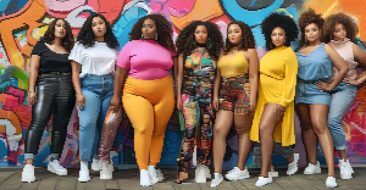 A diverse group of models of various sizes and ethnicities in stylish outfits, posing in an urban environment to promote inclusivity in fashion.
