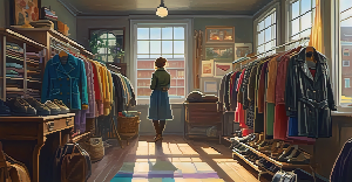 A cozy thrift store with colorful racks of second-hand clothing and a person happily browsing through vintage items.