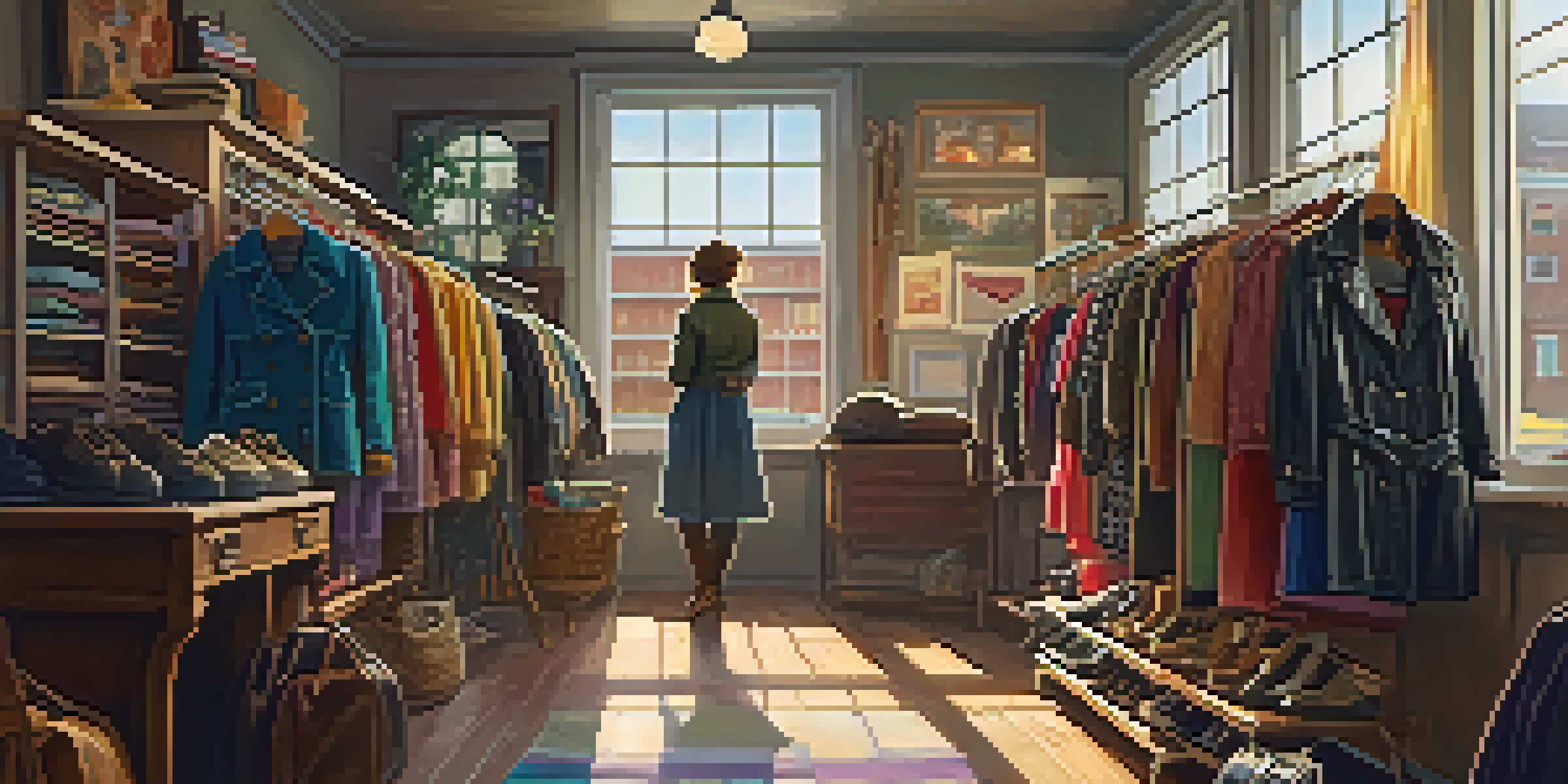 A cozy thrift store with colorful racks of second-hand clothing and a person happily browsing through vintage items.