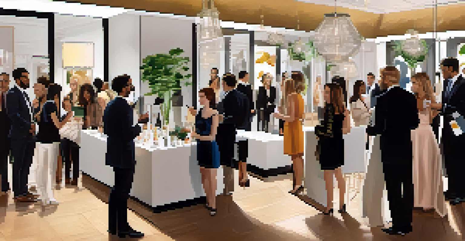 A networking event in the fashion industry where professionals are mingling and exchanging ideas in a stylishly decorated venue.