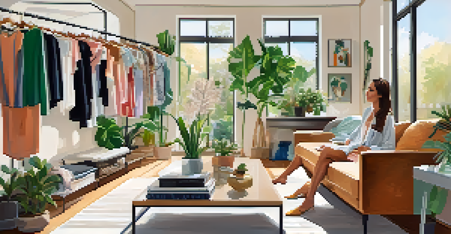 A woman relaxing in a stylish living room, surrounded by rental outfits on a clothing rack.