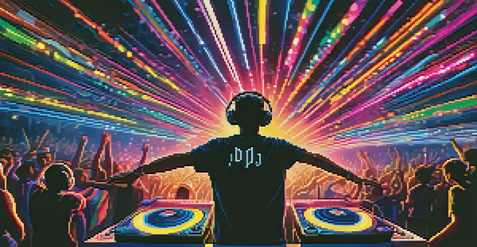 A DJ booth at a nighttime rave filled with colorful lights and energetic dancers, creating an immersive atmosphere.