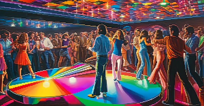A lively disco scene in a retro nightclub with people dancing in 1970s fashion under colorful lights.