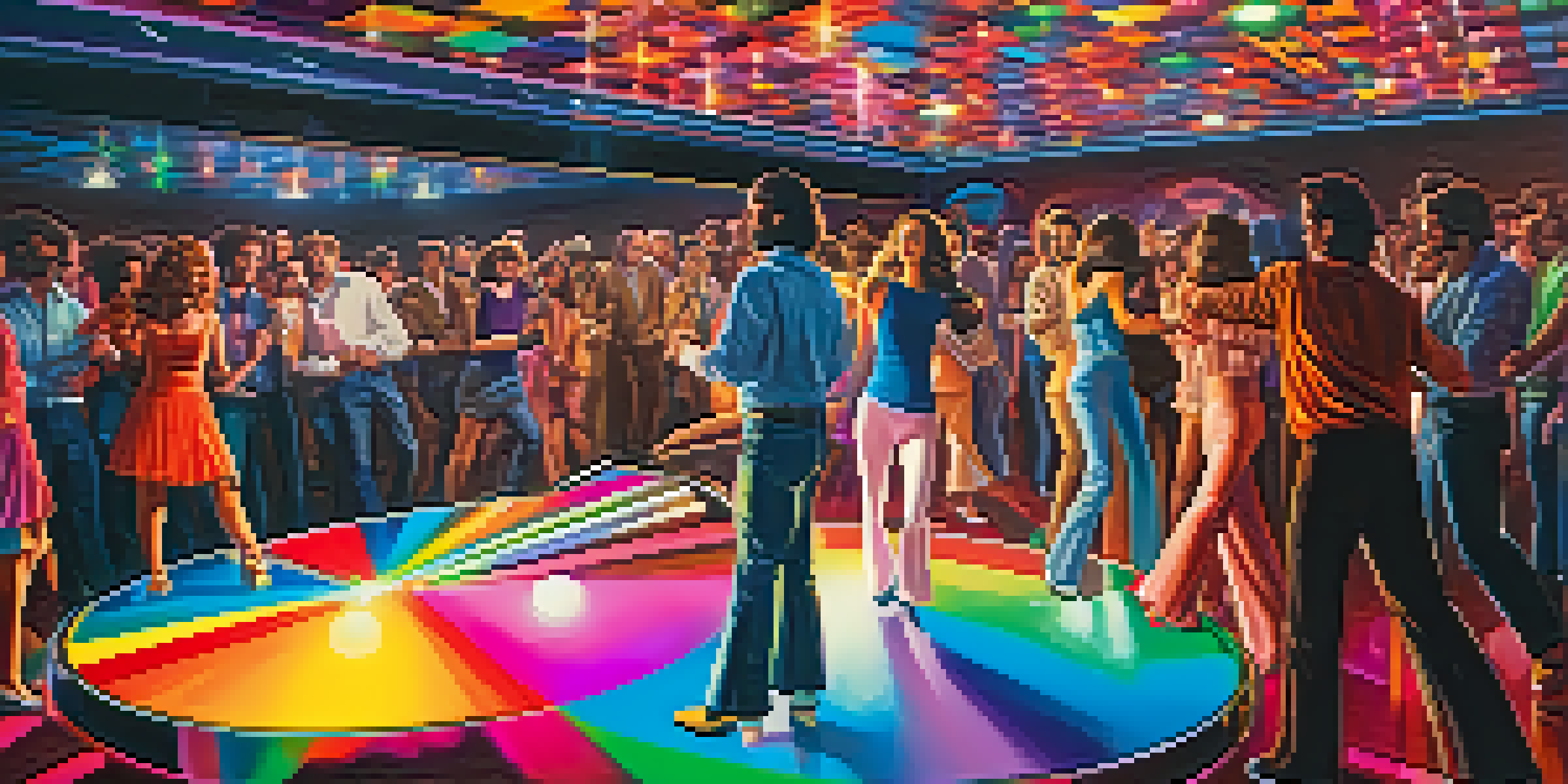 A lively disco scene in a retro nightclub with people dancing in 1970s fashion under colorful lights.