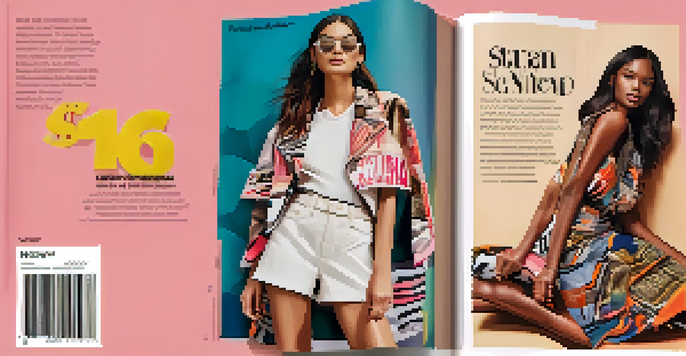 A fashion magazine spread with diverse models wearing spring collection outfits, surrounded by colorful designs and bright natural lighting.