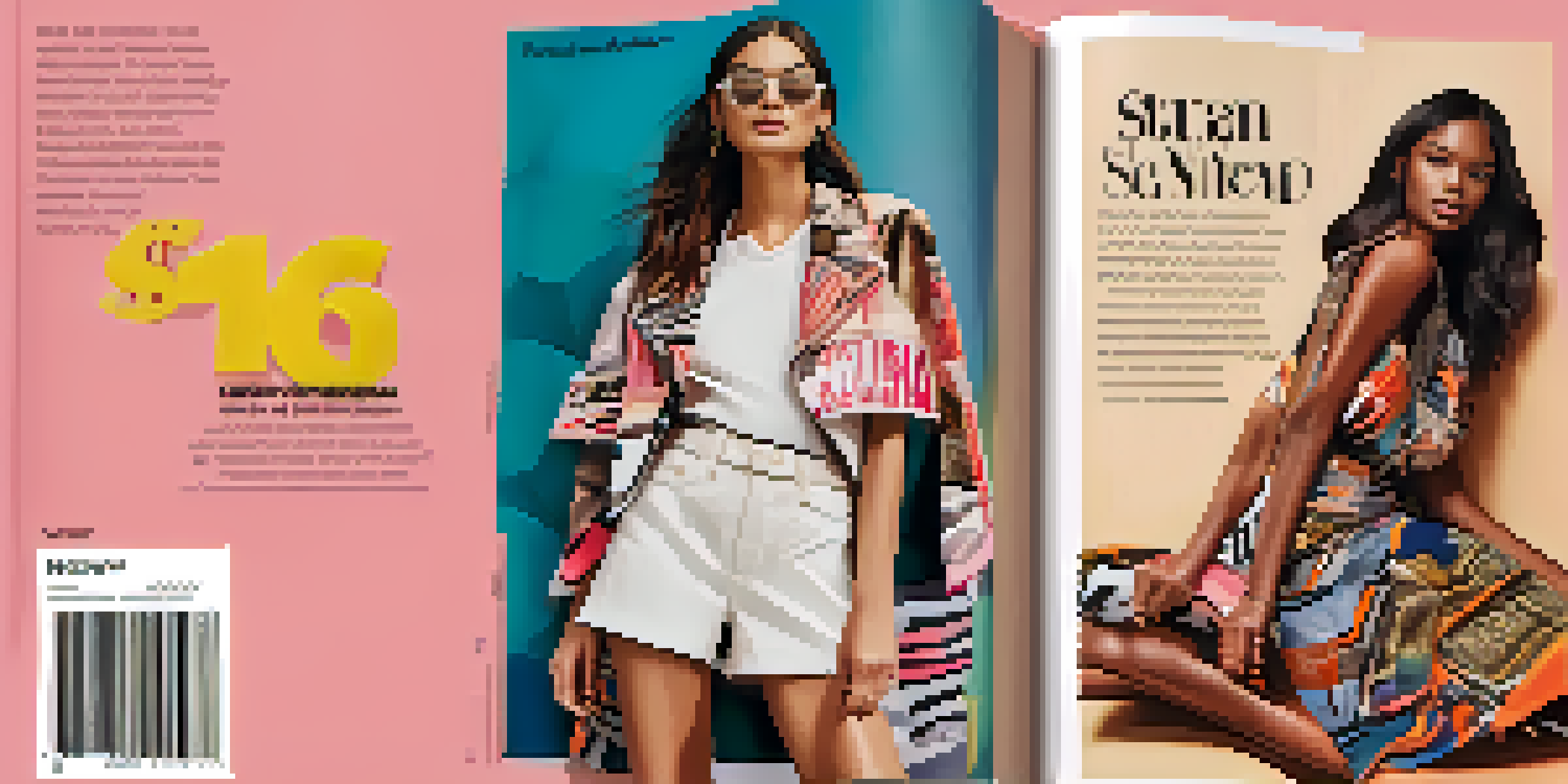 A fashion magazine spread with diverse models wearing spring collection outfits, surrounded by colorful designs and bright natural lighting.
