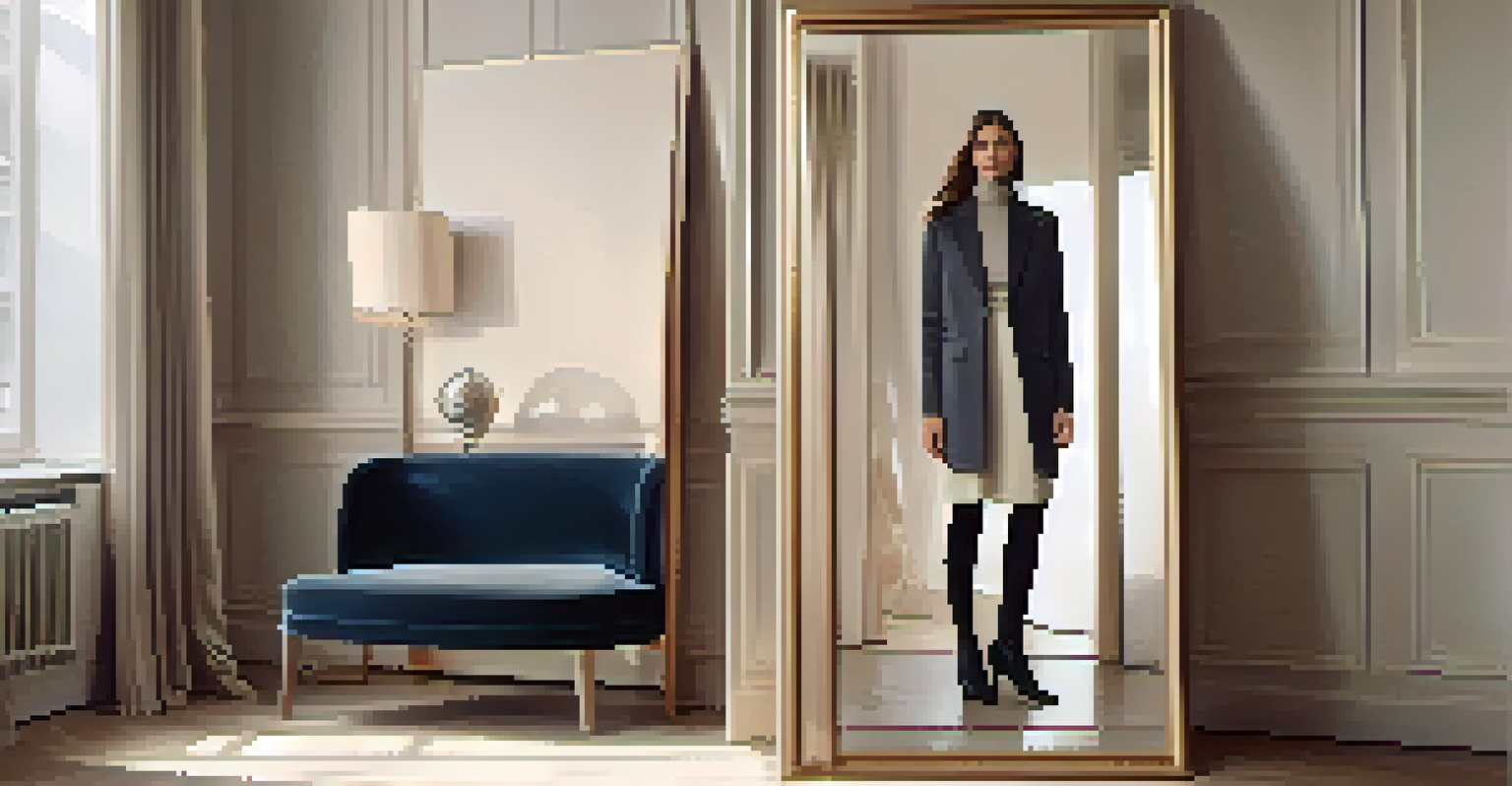 A woman layering outfits in front of a mirror, wearing a turtleneck, flowy dress, and blazer in a stylish room.
