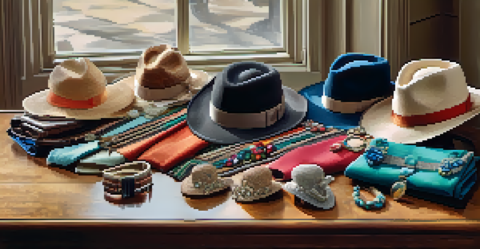 A collection of 1930s fashion accessories including hats, gloves, and jewelry, displayed on a wooden table with colorful fabric swatches, illuminated by natural light.