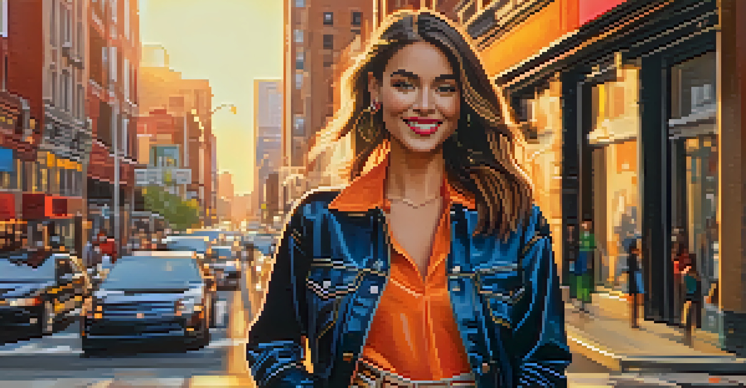 A confident fashion influencer in a vibrant outfit standing on a city street during sunset, surrounded by urban architecture and street art.