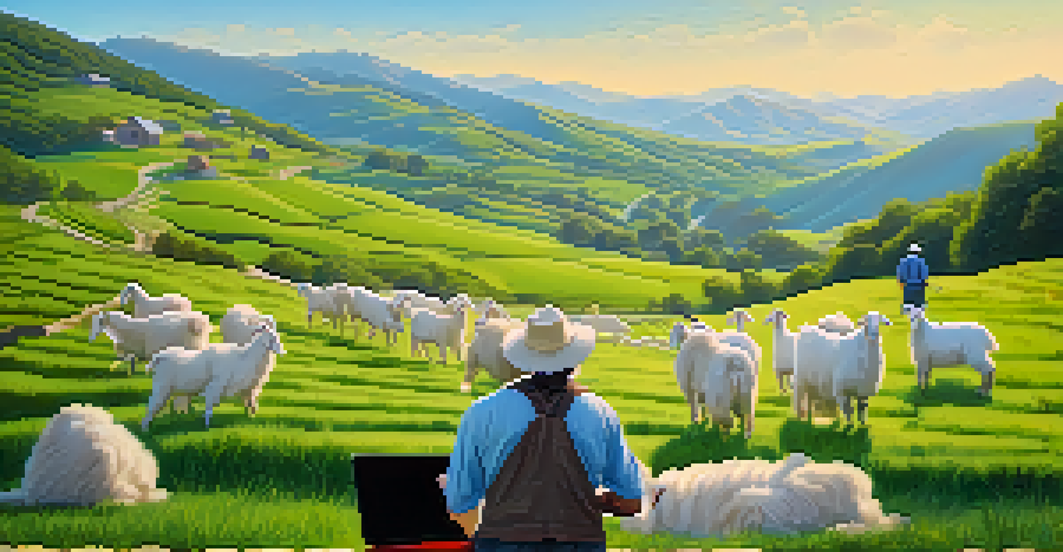 A sustainable cashmere farm with grazing goats and a farmer using a tablet to check blockchain records against a picturesque landscape.