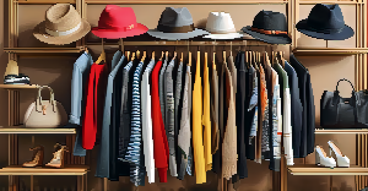 A variety of clothing items on a rack showcasing diverse styles and sizes with warm lighting.