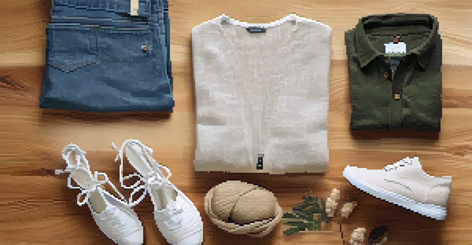 A flat lay image showcasing eco-friendly fashion items, including organic clothing and recycled accessories, on a textured background.