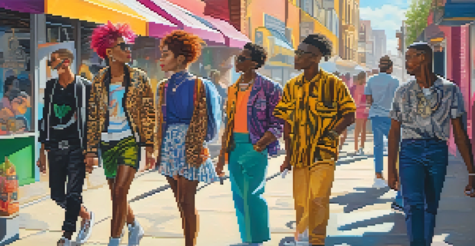 A colorful urban scene with diverse people dressed in gender-fluid fashion, surrounded by graffiti and cafes, illuminated by sunlight.