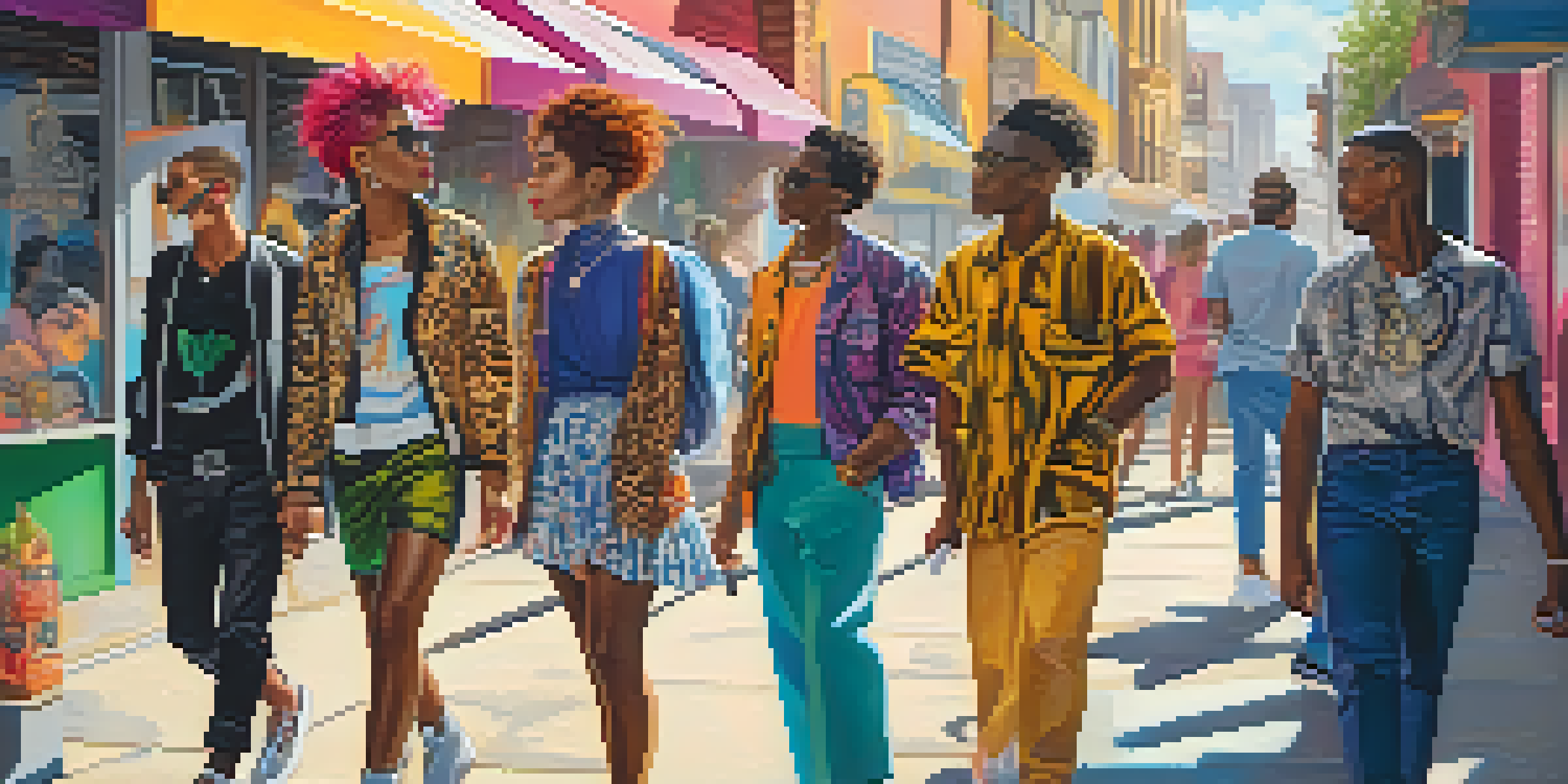 A colorful urban scene with diverse people dressed in gender-fluid fashion, surrounded by graffiti and cafes, illuminated by sunlight.