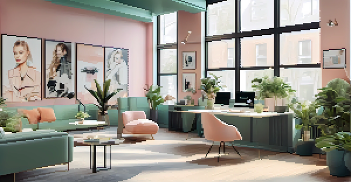 A bright and modern fashion branding office with large windows, vibrant sketches, and a stylish desk.