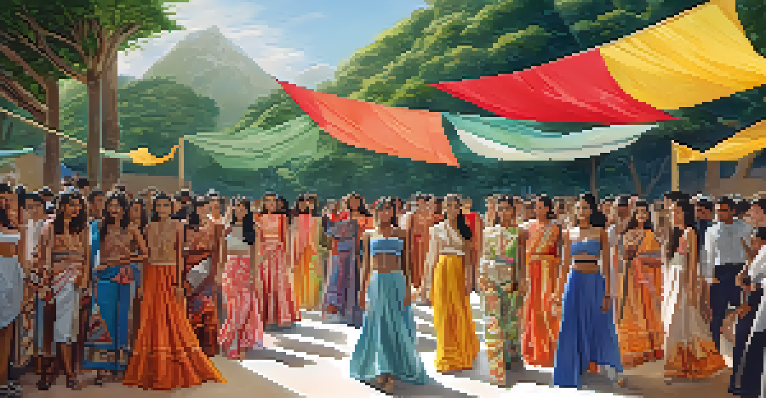 An outdoor fashion show with models in fusion attire, set against a natural backdrop with colorful banners and an audience.