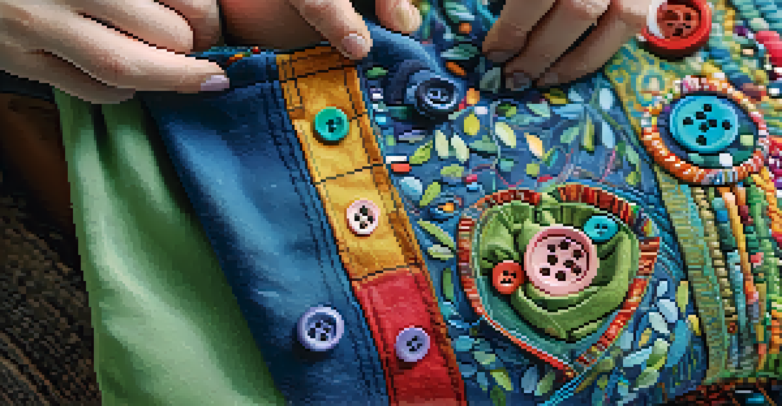 Close-up of hands sewing a colorful tote bag with upcycled fabric, showcasing detailed stitches and vibrant patterns.