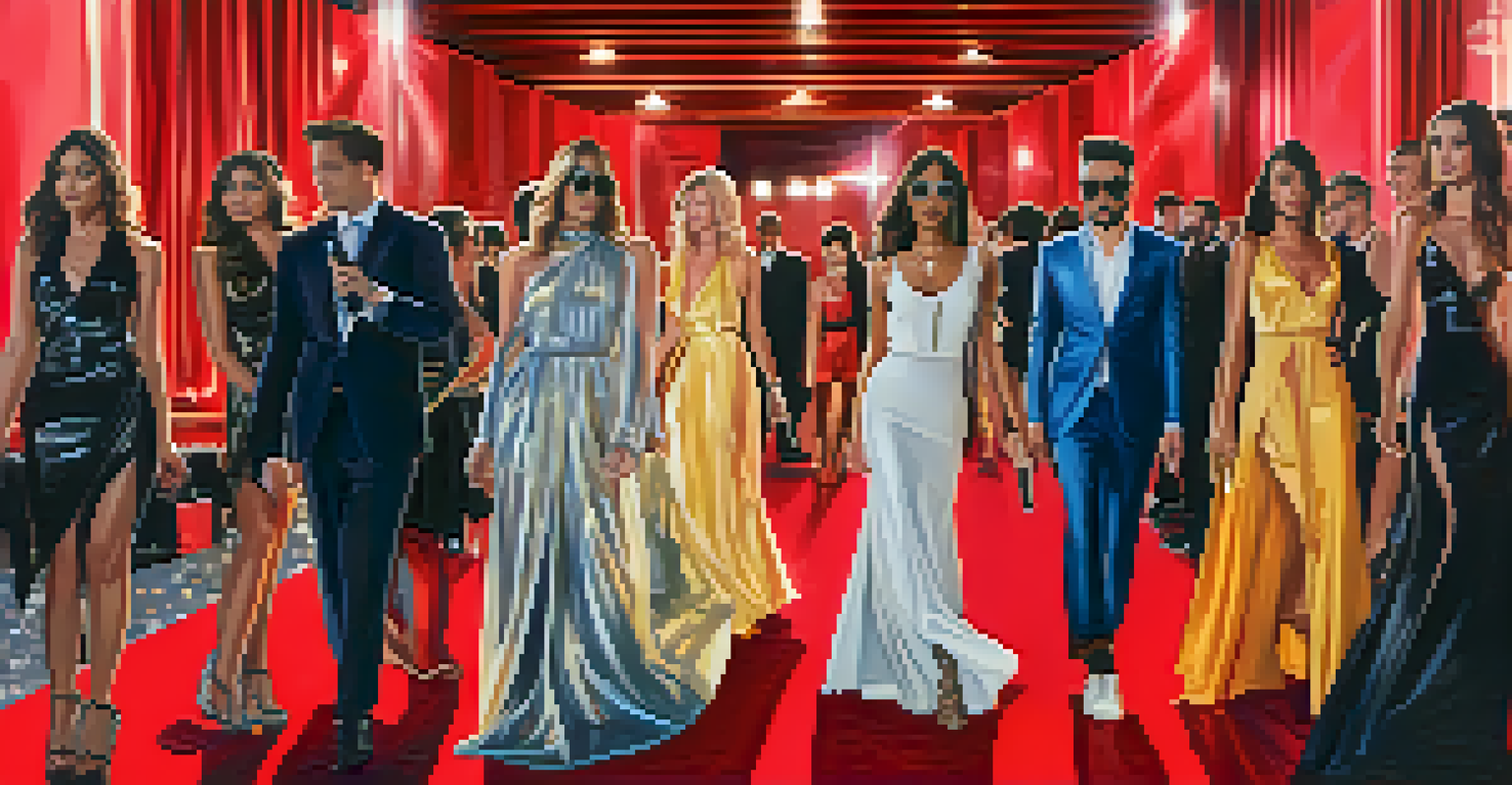 Influencers wearing exclusive film-inspired fashion at a red carpet event with flashing cameras in the background.