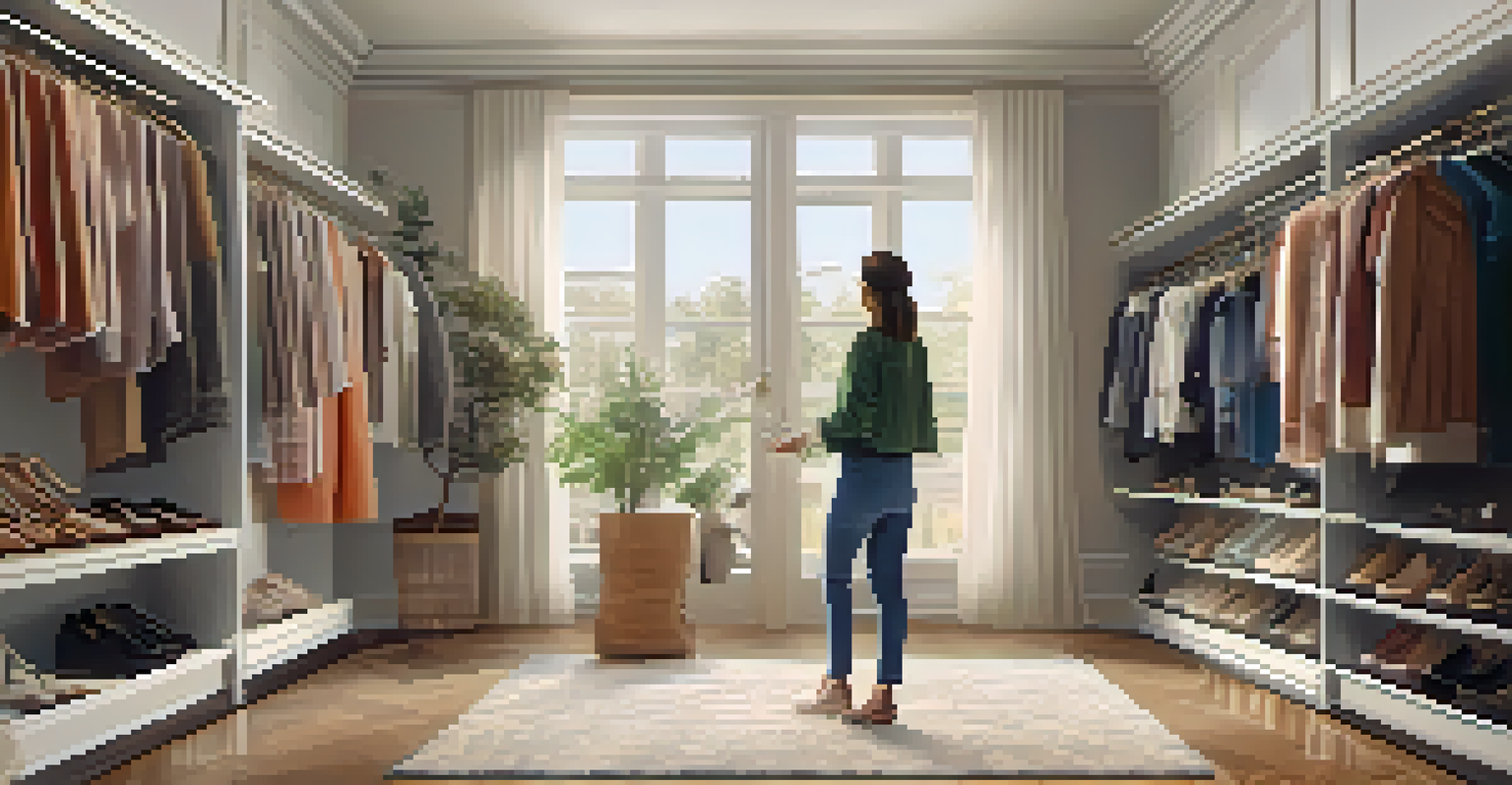 A user engaged in a virtual closet experience, mixing and matching outfits in a cozy room with natural light.