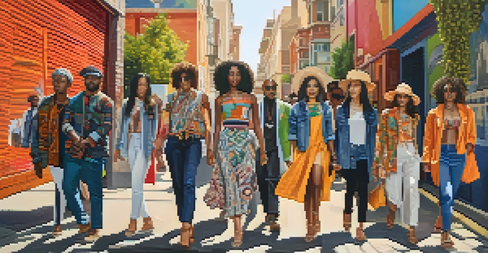A colorful street scene with diverse individuals wearing sustainable fashion, showcasing eco-friendly materials and bold patterns.
