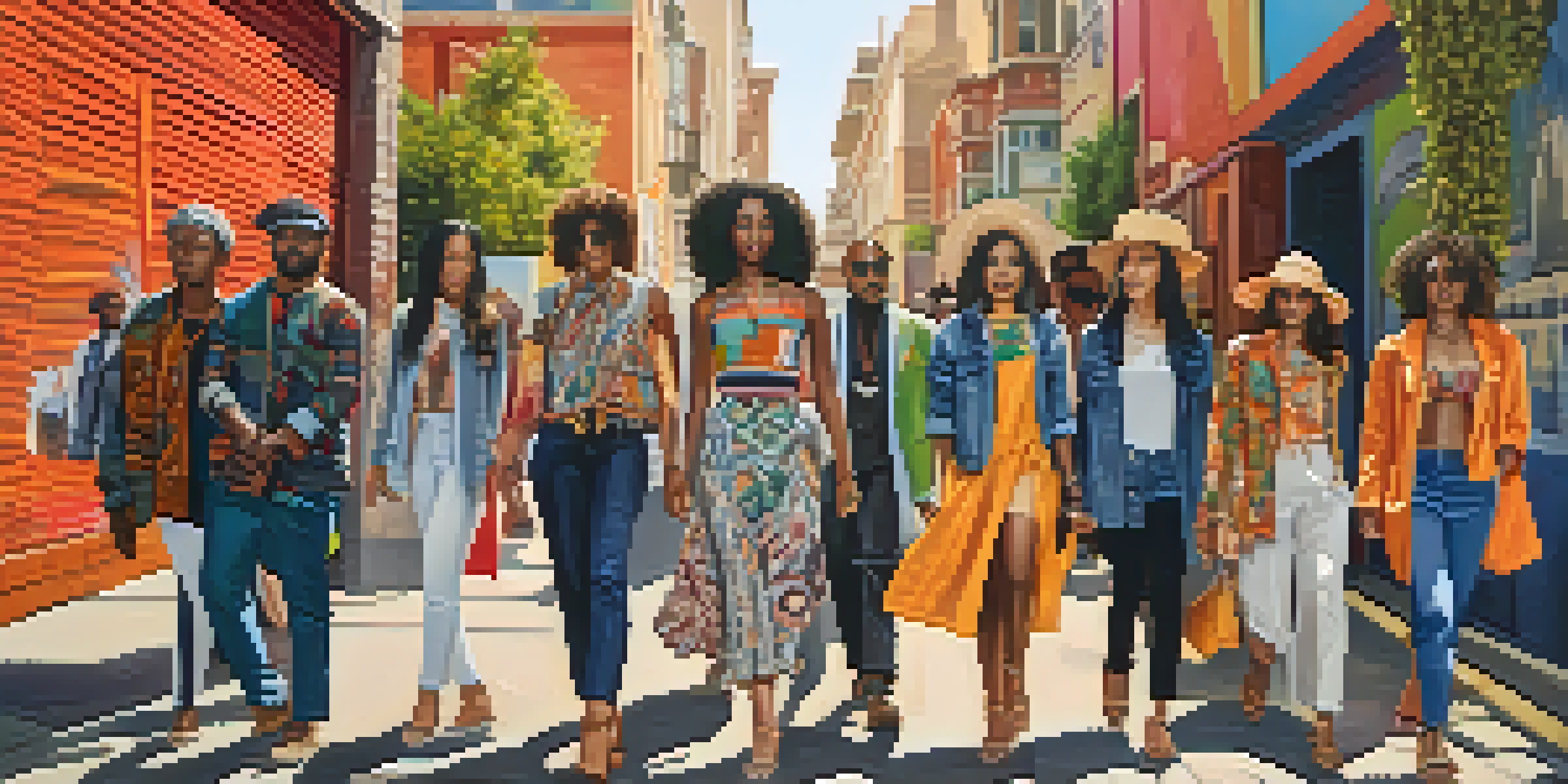 A colorful street scene with diverse individuals wearing sustainable fashion, showcasing eco-friendly materials and bold patterns.