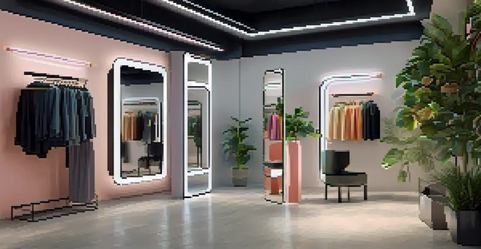 A customer using a smart mirror in a modern retail store to try on virtual clothing options.