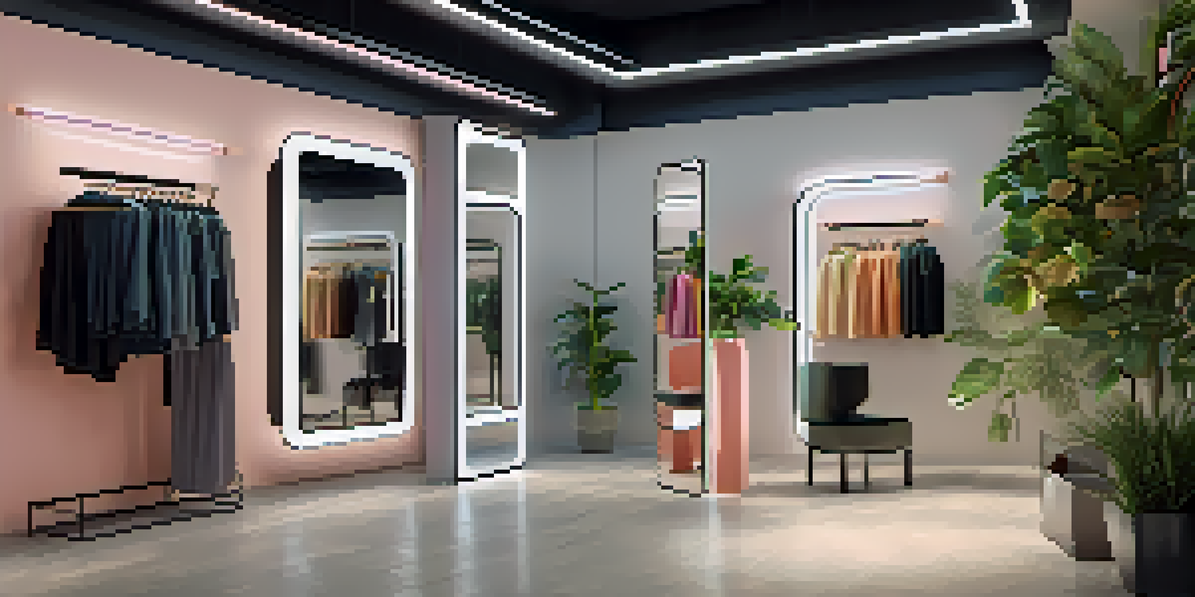 A customer using a smart mirror in a modern retail store to try on virtual clothing options.